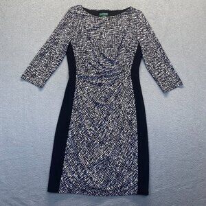 Lauren Ralph Lauren Black White Printed 3/4 Sleeve Ruched Wiggle Dress Size 10
